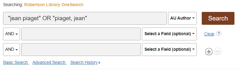 The top box in OneSearch has "jean piaget" OR "piaget, jean" in the box, with AU Author selected from the "Select a Field" dropdown.