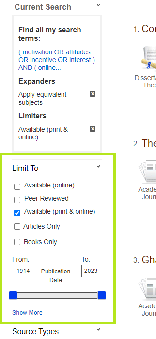 The "limit to" box is in the left sidebar, under the "Current Search" information