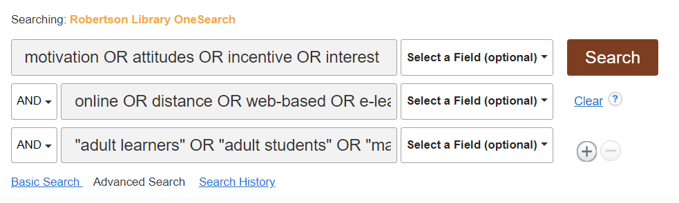 Each of the sets of concepts from the steps above has been typed into a line in the OneSearch interface