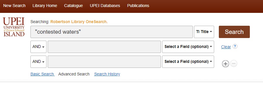 A sample OneSearch search with "contested waters" (including quotation marks) in the search box and TI Title selected from the drop-downlist to the right of that box
